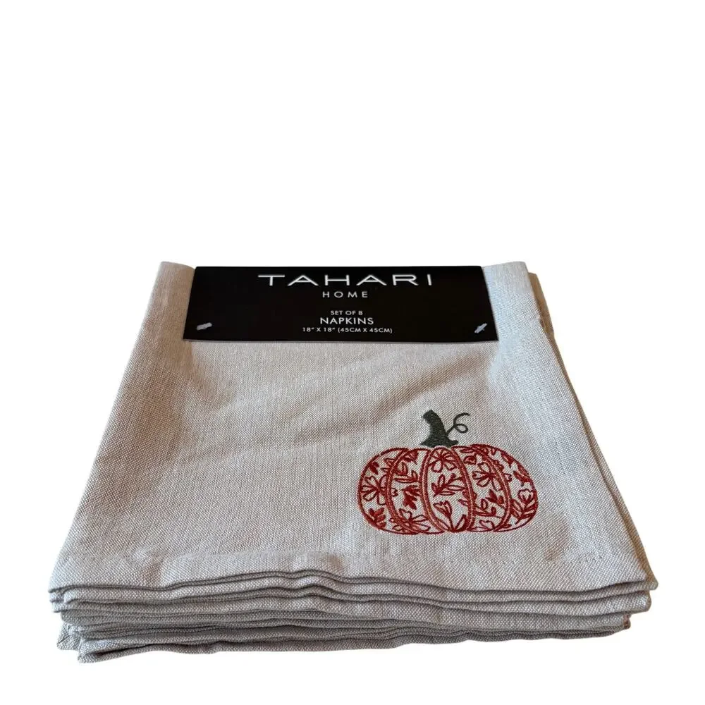 8pc Tahari Home Embroidered Pumpkin Napkins 100% Cotton 18x18 Fall Decor NEW